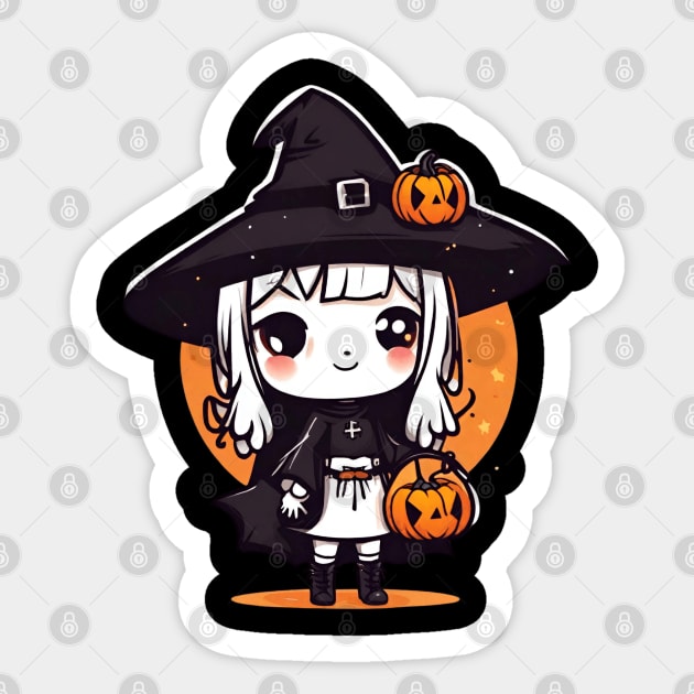 Witchcraft cute anime characters Chibi style with pumpkin Halloween Sticker by Whisky1111